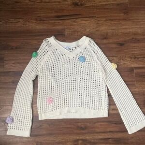 Vintage Crochet Pullover Sweater Floral Details Bell Sleeves Women Large‎ Boho